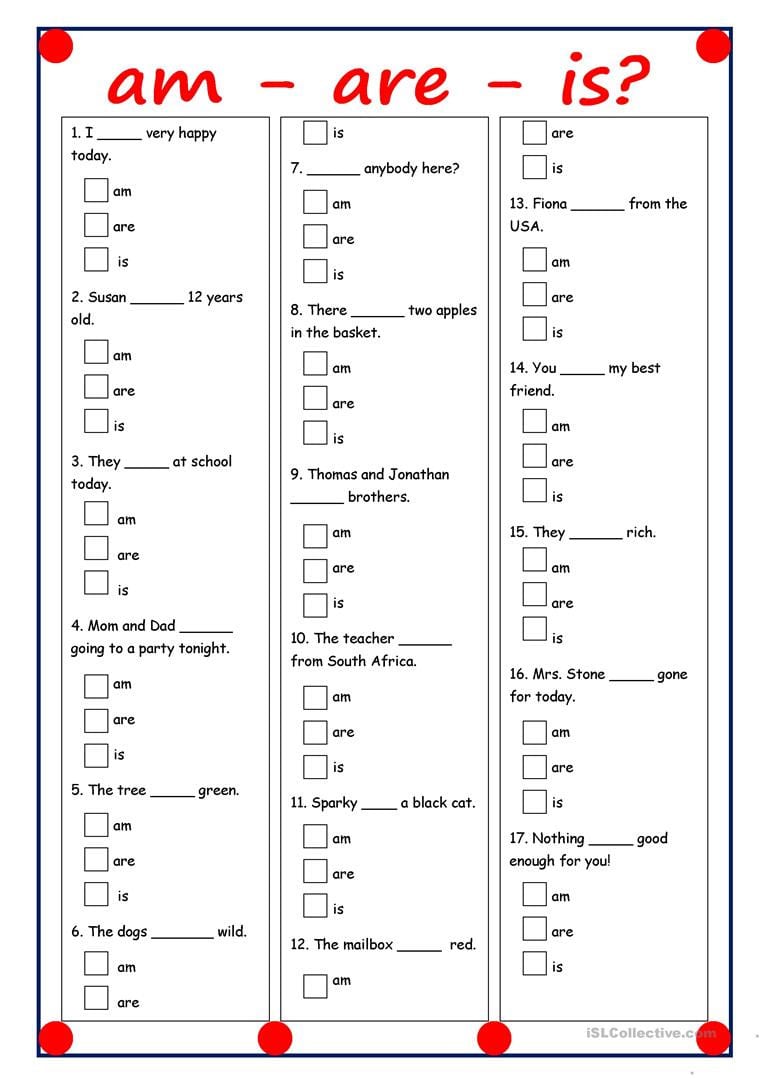 Am  Are  Is  English Esl Worksheets