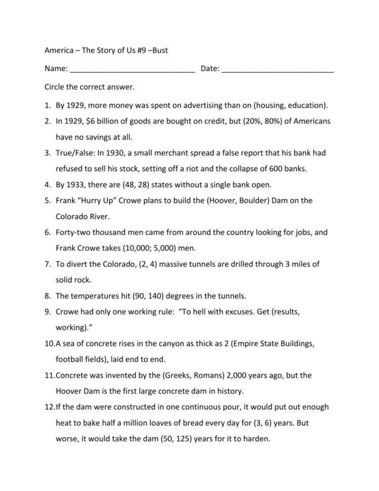 America – The Story Of Us 9 –Bust Name Date Circle The