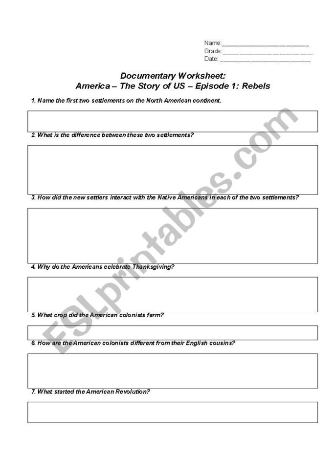 America The Story Of Us Worksheet  Episode 1  Rebels  Esl