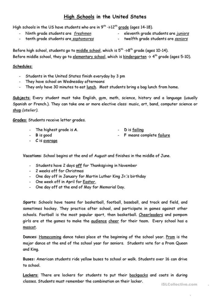 American High Schools  English Esl Worksheets