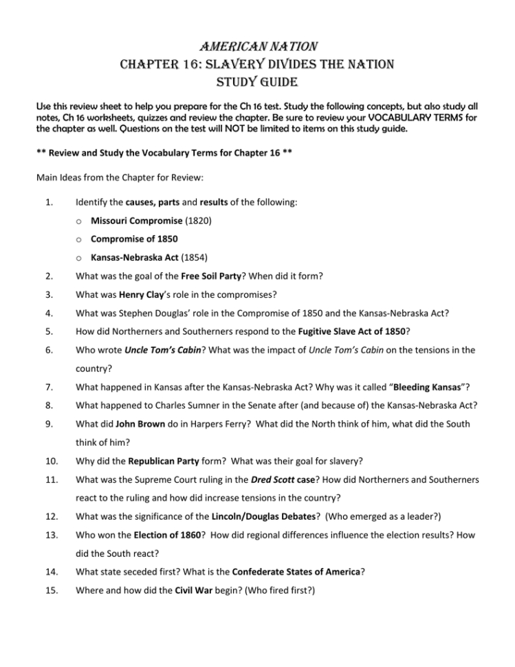 American Nation Chapter 16 Slavery Divides The Nation Study