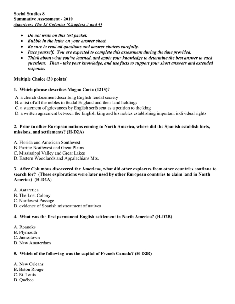 Americas The 13 Colonies Unit 1 Summative