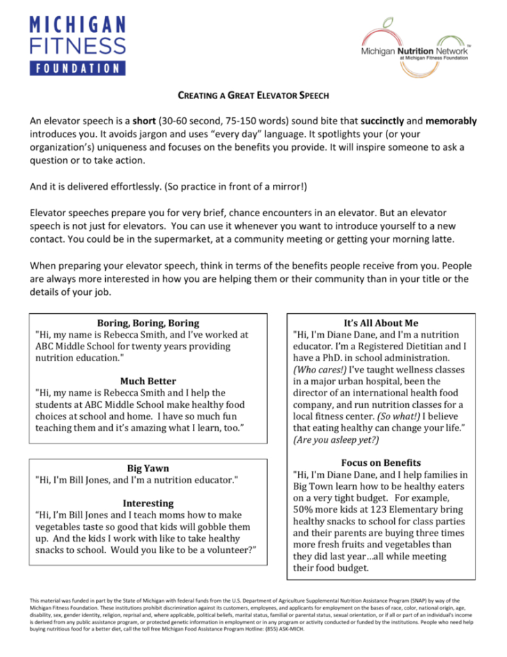Elevator Speech Worksheet Elevator Speech Worksheet