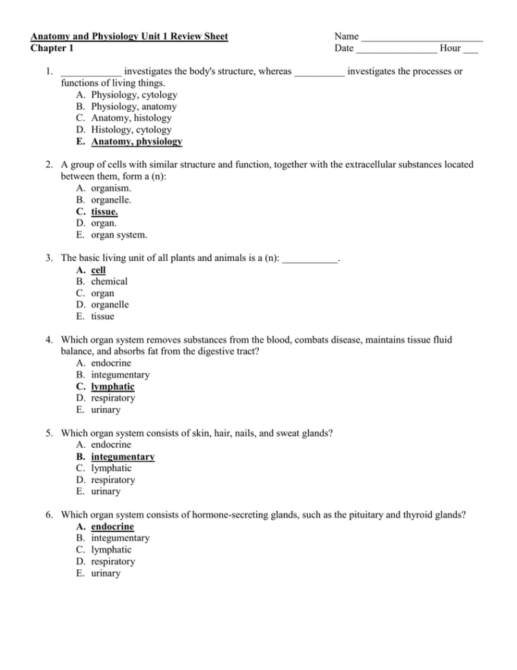 Anatomy And Physiology Unit 1 Review Sheet Chapter 1 Name