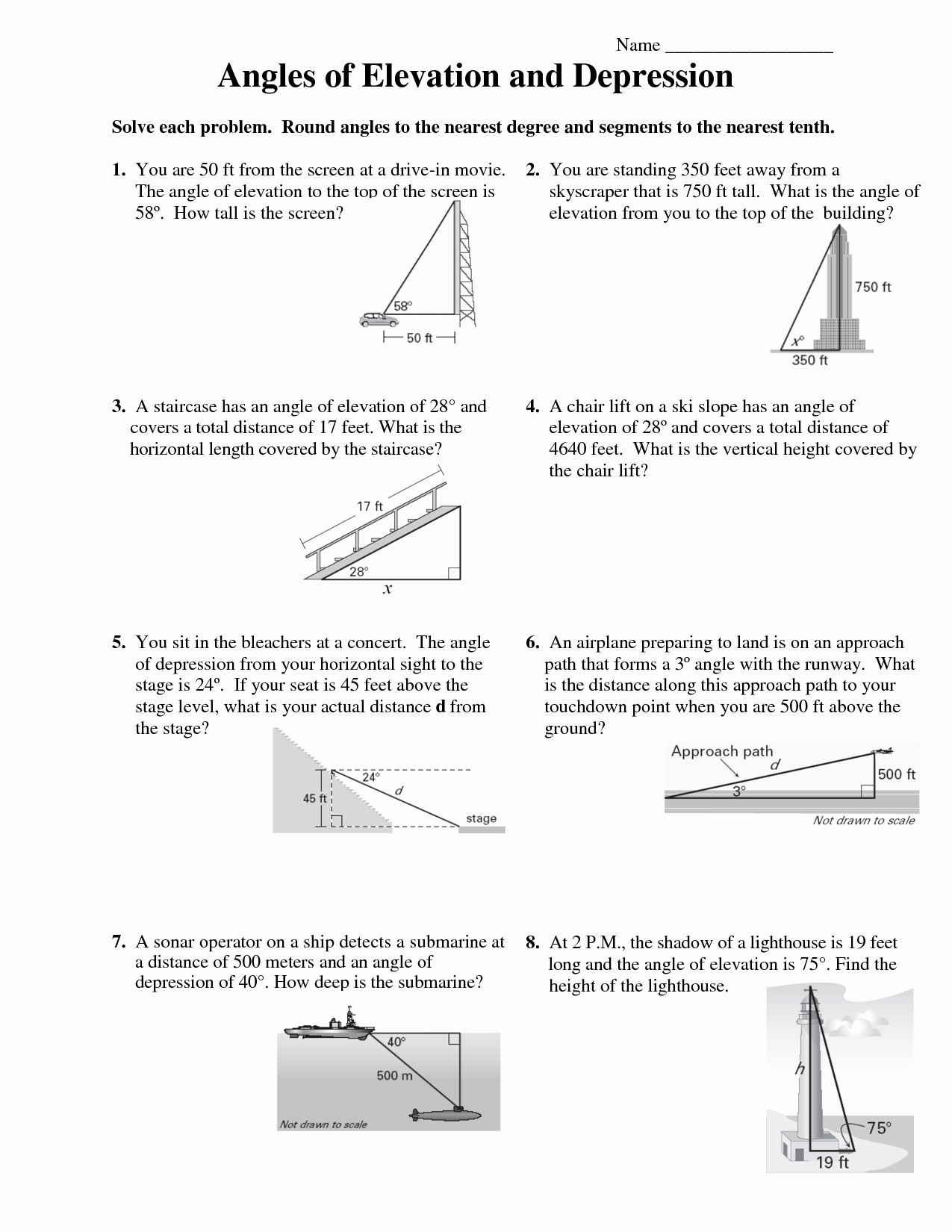 Angle Of Elevation And Depression Trig Worksheet Answers