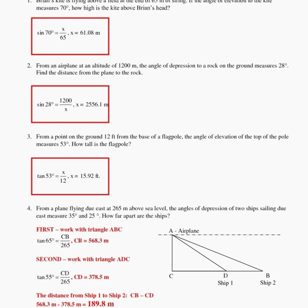 Angle Of Elevation And Depression Trig Worksheet Answers