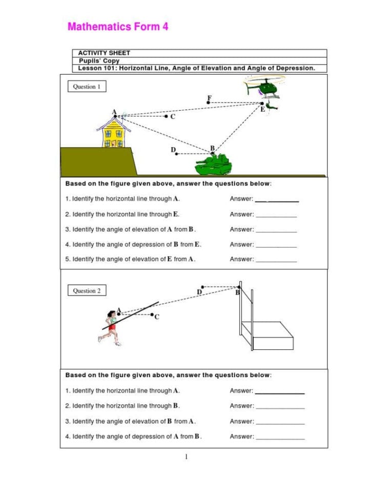 Angle Of Elevation And Depression Trig Worksheet Answers