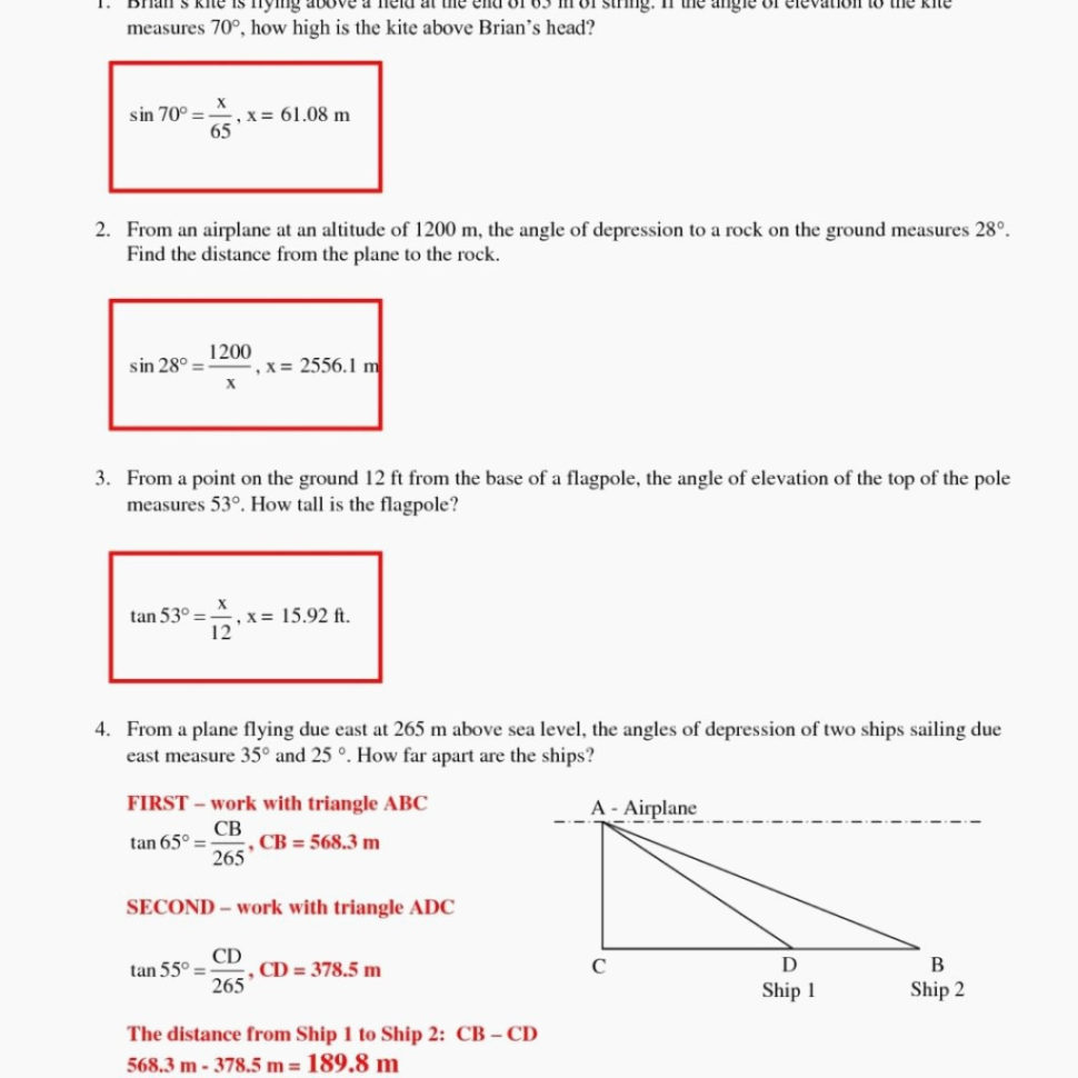 Angle Of Elevation And Depression Trig Worksheet Answers