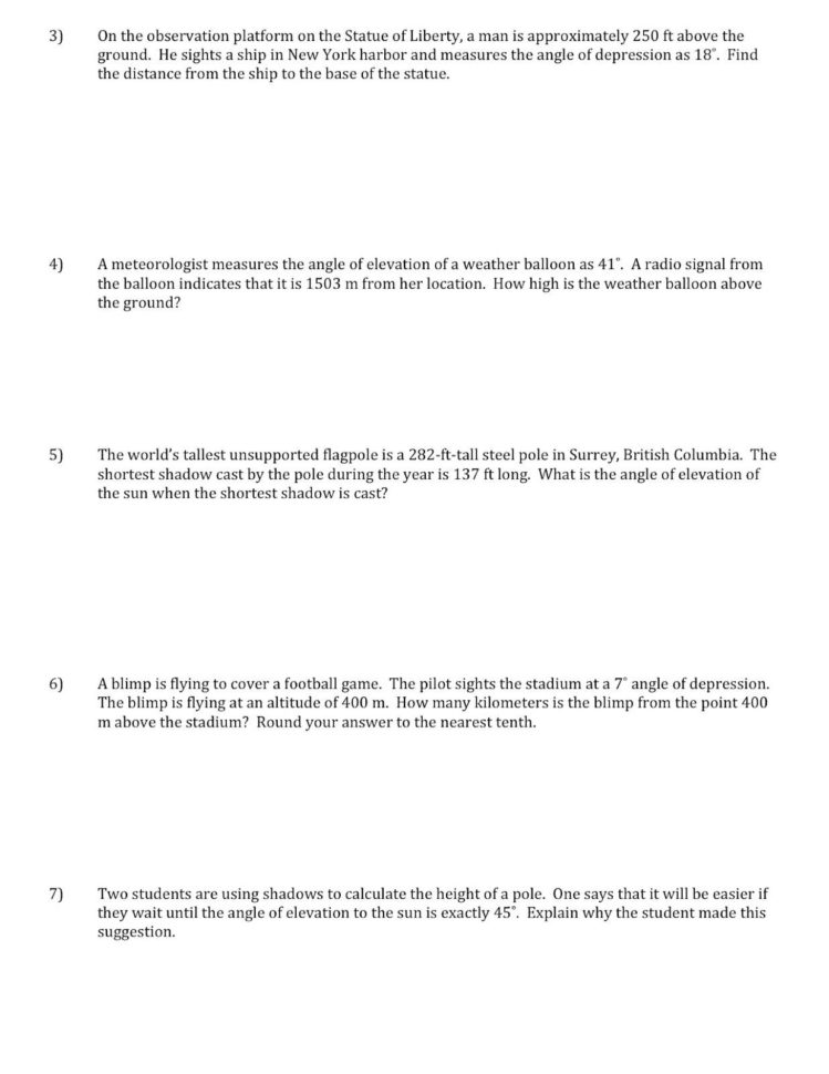 Angle Of Elevation And Depression Worksheet Pdf