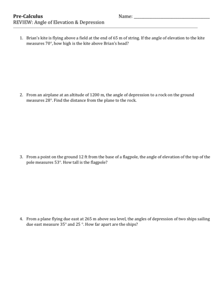Angle Of Elevation And Depression Trig Worksheet Answers Db excel