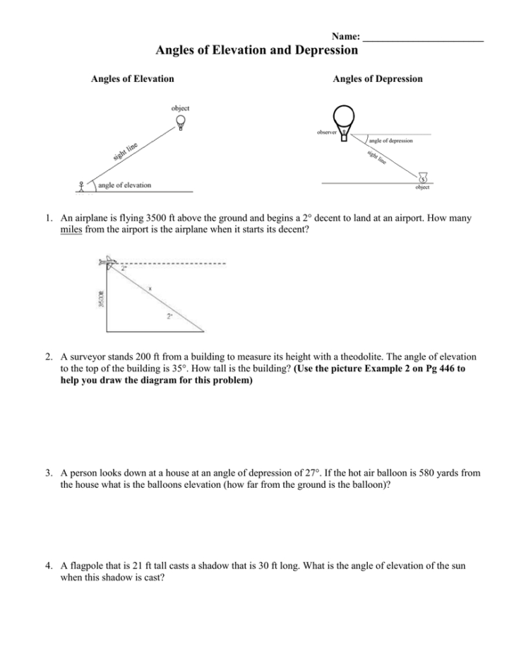 Angle Of Elevation And Depression Worksheet With Answers — db-excel.com
