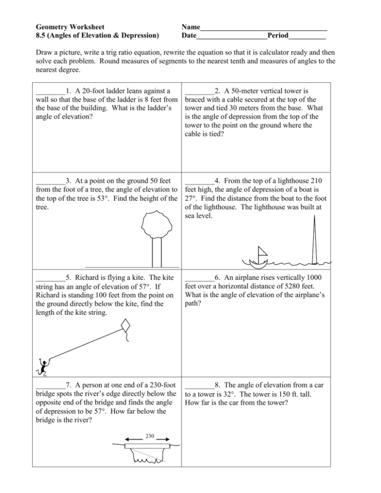 Angle Of Elevation And Depression Worksheet With Answers db excel com