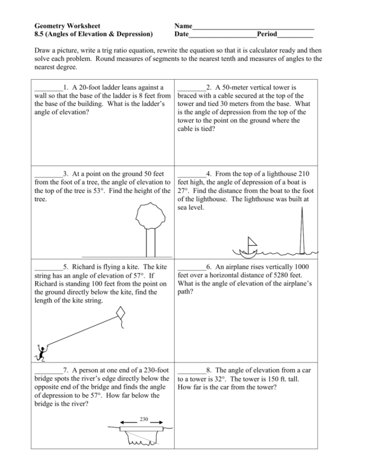 Angle Of Elevation And Depression Trig Worksheet Answers Db excel