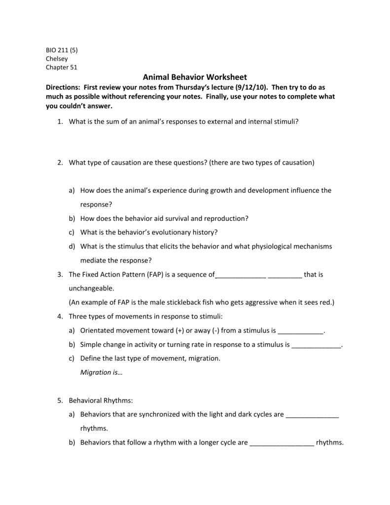 Animal Behavior Worksheet