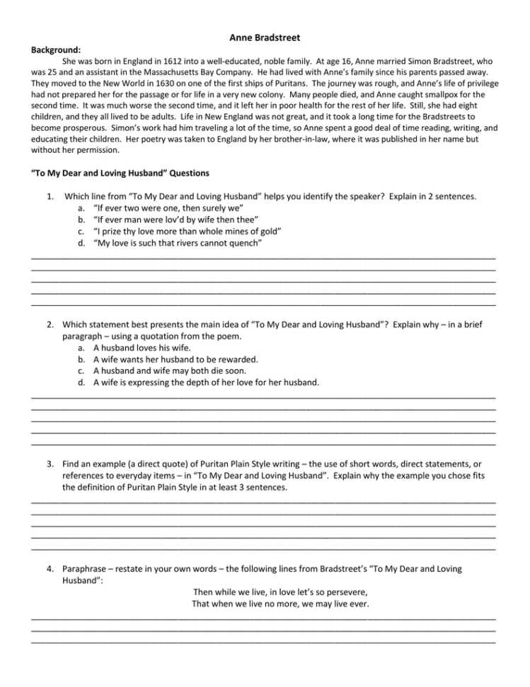 Anne Bradstreet Background She S Born In England In 1612 Into