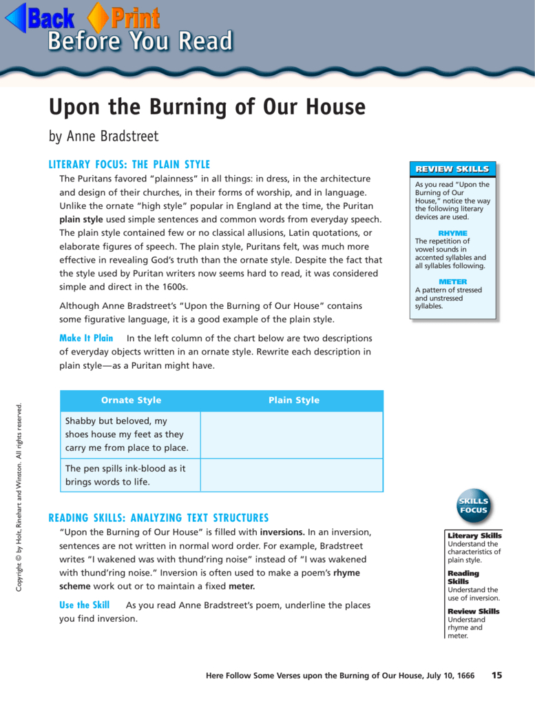 Anne Bradstreet "upon The Burning Of Our House"