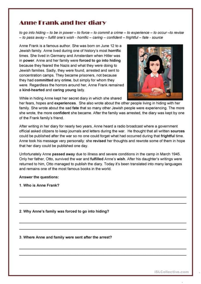 Anne Frank And Her Diary  English Esl Worksheets