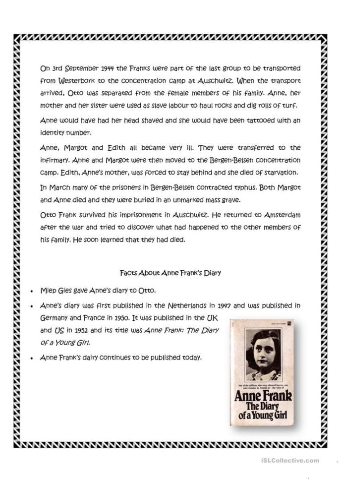 Anne Frank  English Esl Worksheets