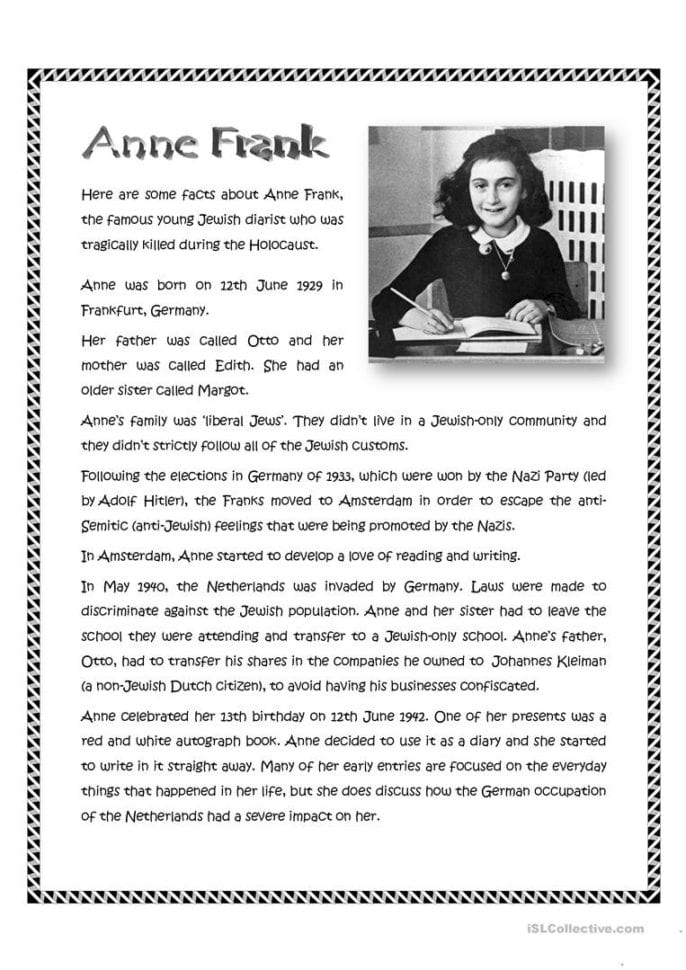 Anne Frank  English Esl Worksheets