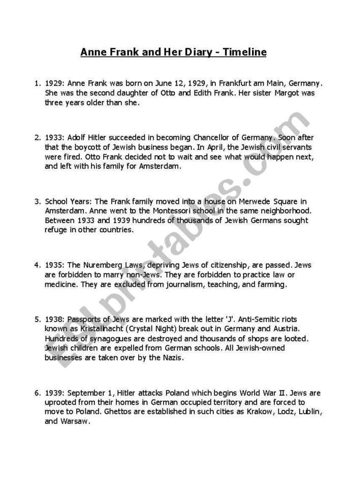 Anne Frank  Worksheets For The Unit Plan Part 2  Esl