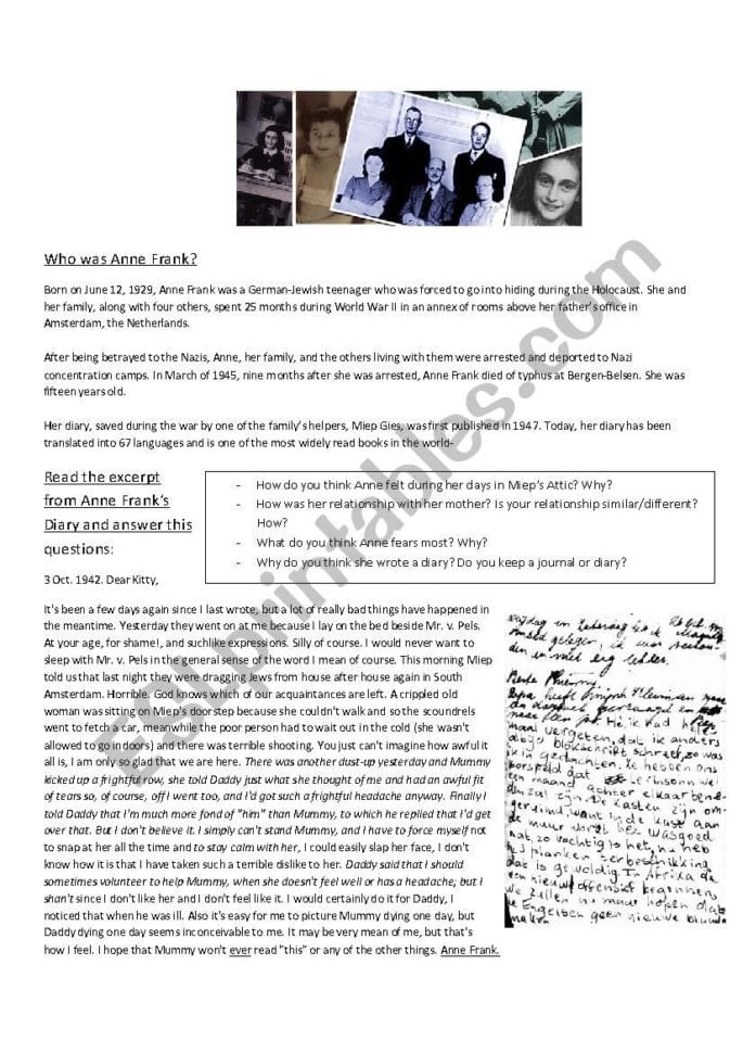 Anne Frank´s Diary Worksheet  Esl Worksheetmiss Agus Anne Frank´s Diary Worksheet  Esl Worksheetmiss Agus