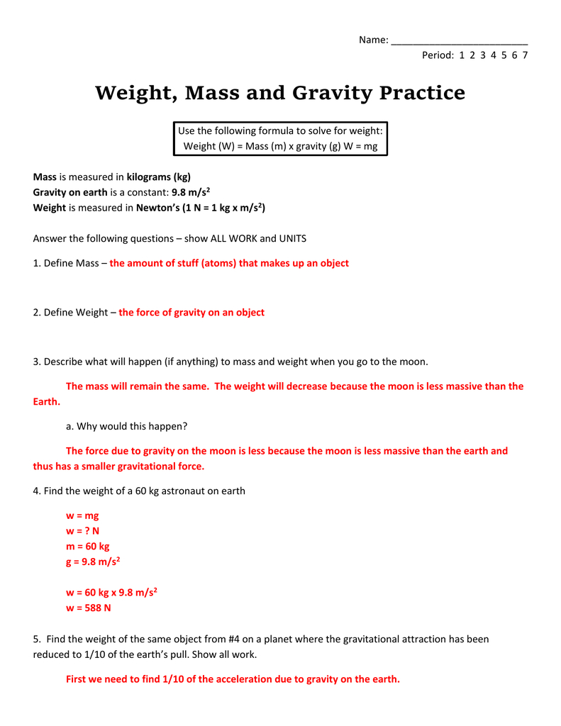 Mass And Weight Worksheet Answer Key Db excel