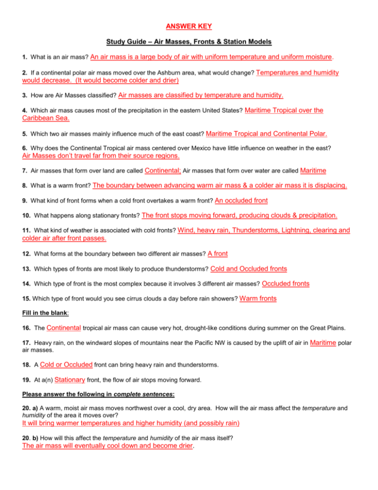 Air Masses And Fronts Worksheet Answer Key
