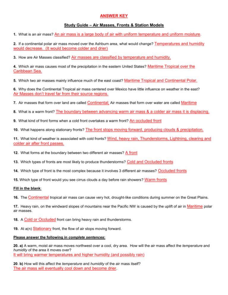 Air Masses And Fronts Worksheet Answer Key Db excel