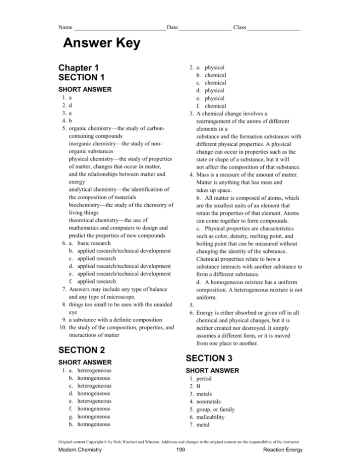 Chemistry 1 Worksheet Classification Of Matter And Changes Answer Key
