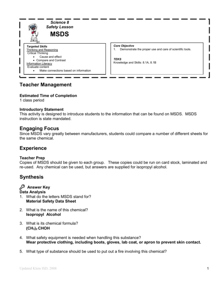 Answer Key For Msds Worksheet