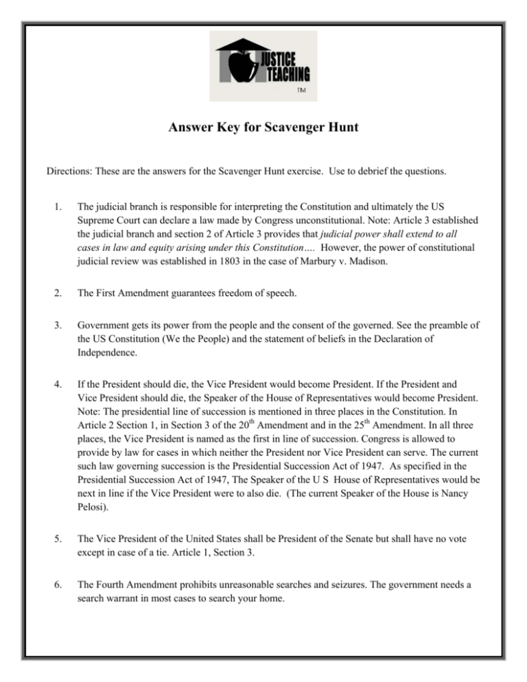 Answer Key For The Us Constitution Scavenger Hunt Db excel