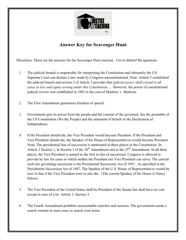 Answer Key For The Us Constitution Scavenger Hunt