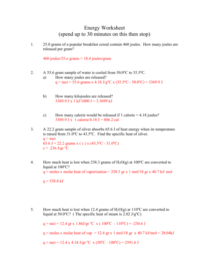 Specific Heat Problems Worksheet Answers db excel com