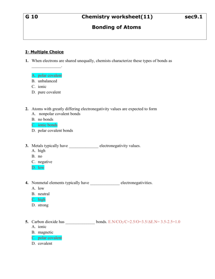 Answer Key For Worksheet 91