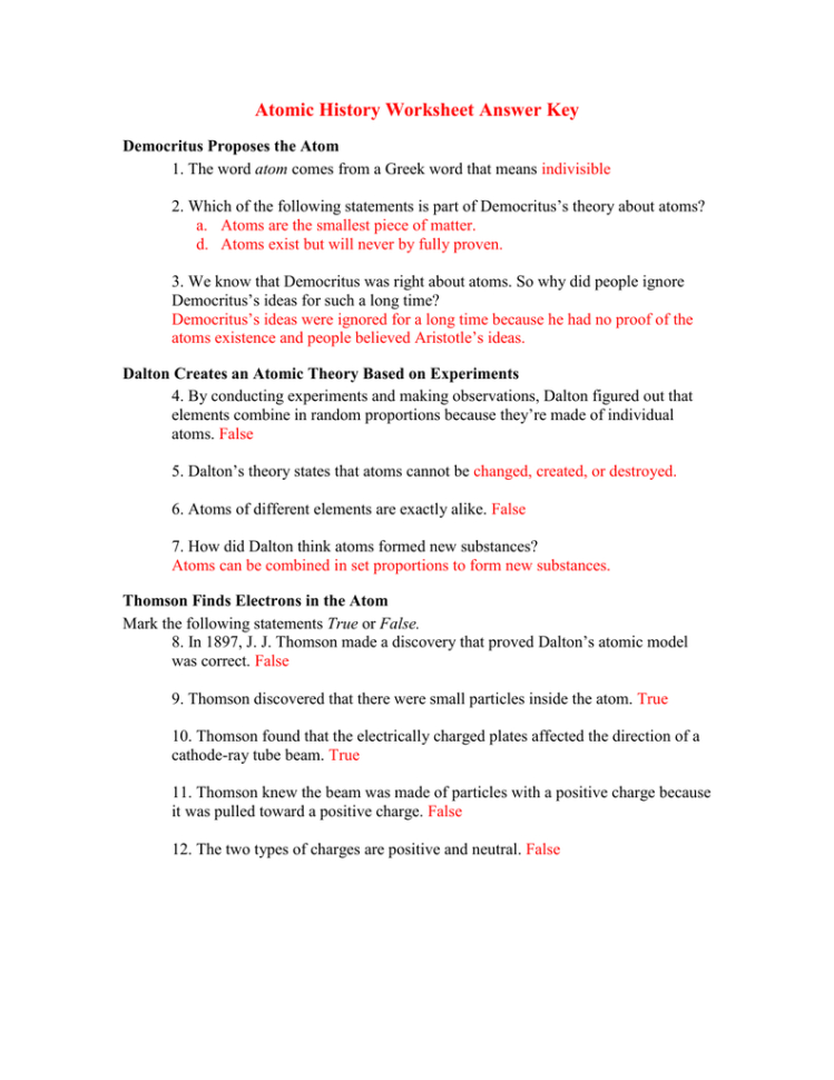 Answer Key Of Worksheet History Of An Atom