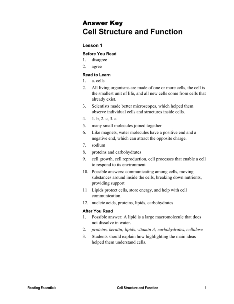 Answer Key Reading Essentials C2 Cell Structure And Function