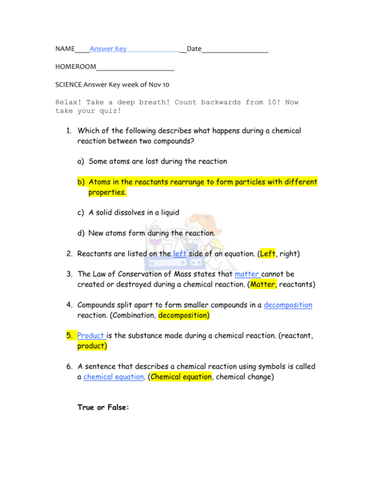 Bill Nye Chemical Reactions Worksheet