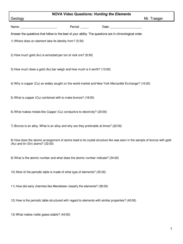 Answer Sheet To Nova Video Questions Hunting The Elements