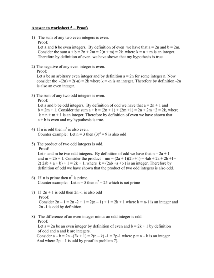 Answer To Worksheet 5 – Proofs 1 The Sum Of Any Two Even