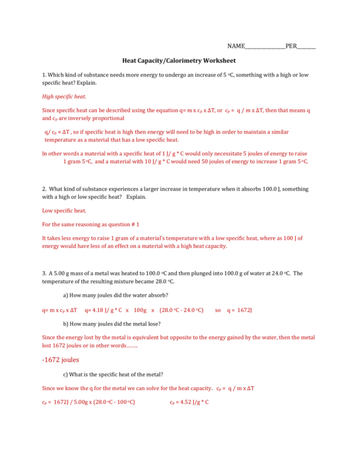 Calculating Specific Heat Worksheet Answers