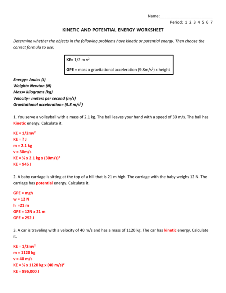 Potential And Kinetic Energy Worksheet Answer Key