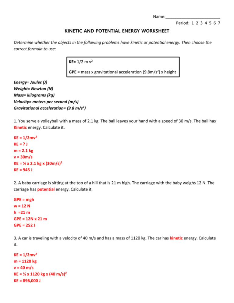 Gravitational Potential Energy And Kinetic Energy Worksheet Answers