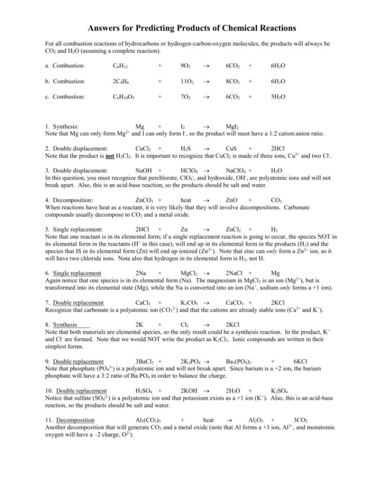 Answers For Predicting Products Of Chemical Reactions