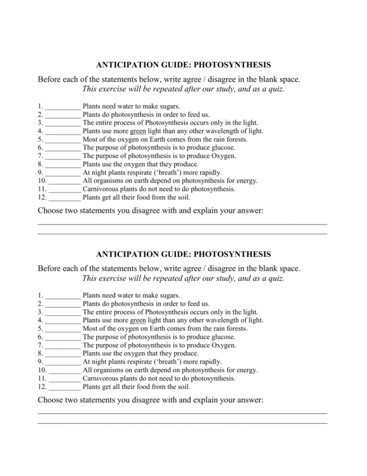 Anticipation Guide Photosynthesis