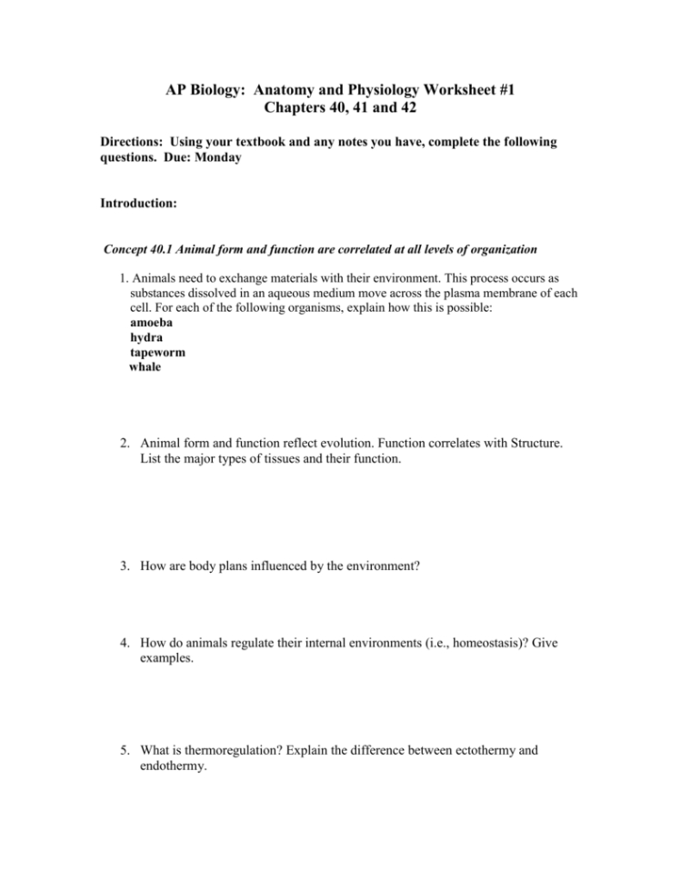 Ap Biology Anatomy And Physiology Worksheet 1