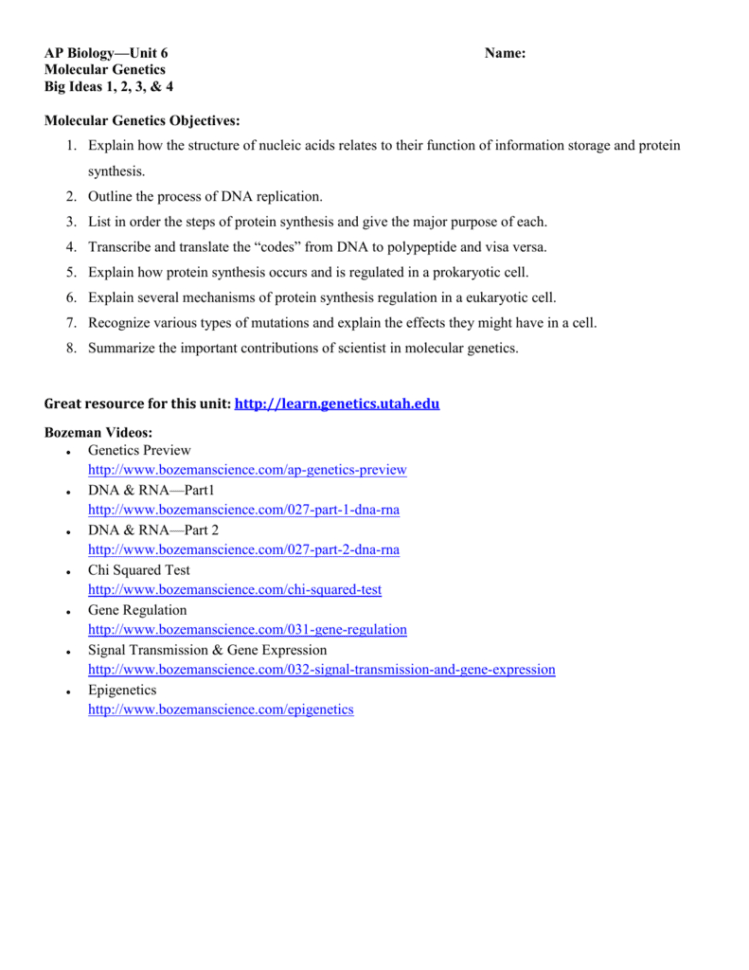 Ap Biology—Unit 6 Name Molecular Genetics Big Ideas 1 2 3