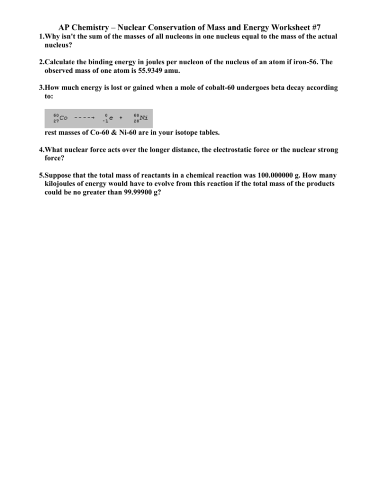 Ap Chemistry  Conservation Of Mass And Energy Worksheet