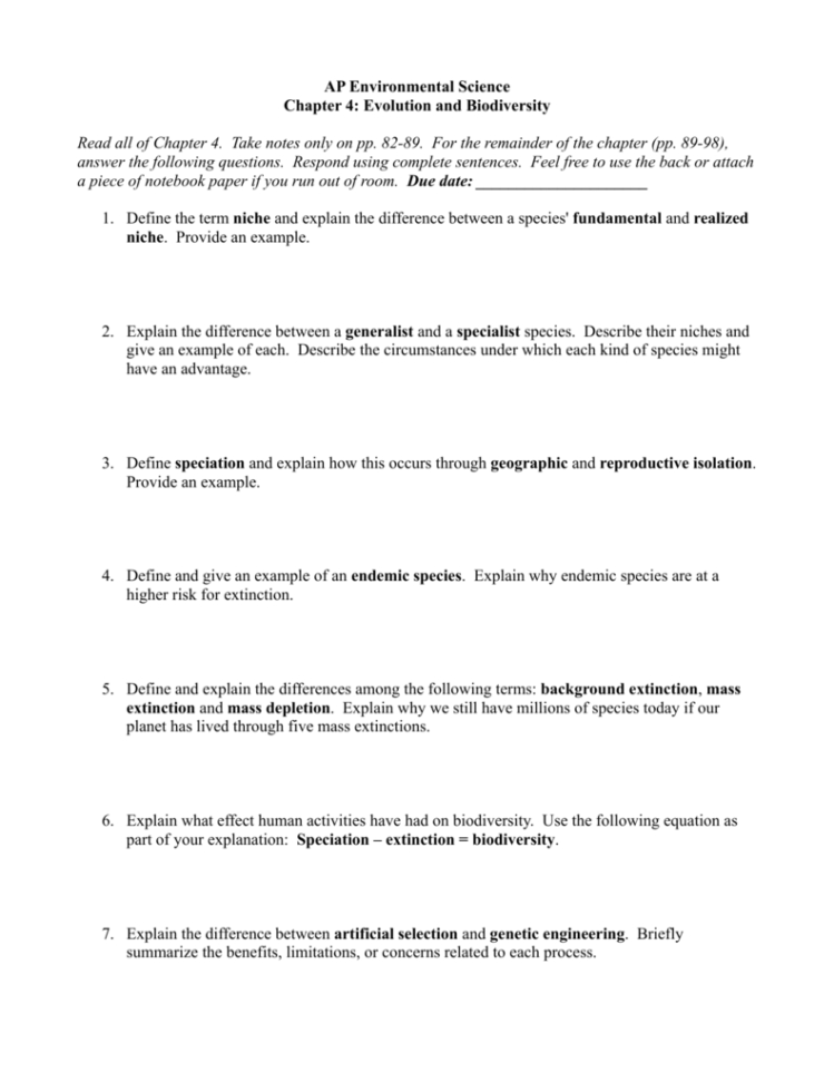 Ap Environmental Science Chapter 4 Evolution And Biodiversity