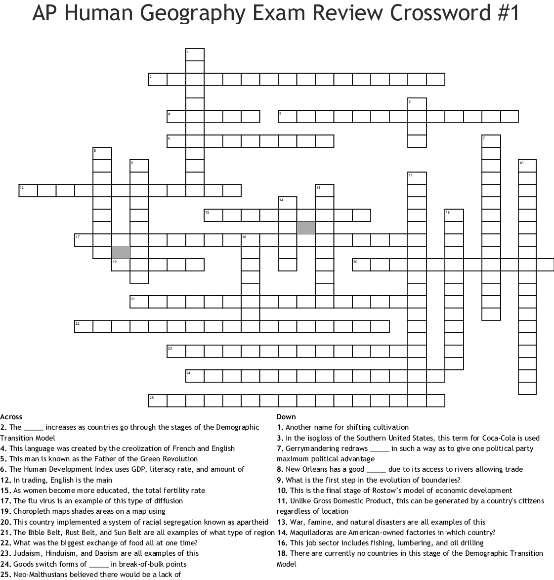 Ap Human Geography Exam Review Crossword 1  Word