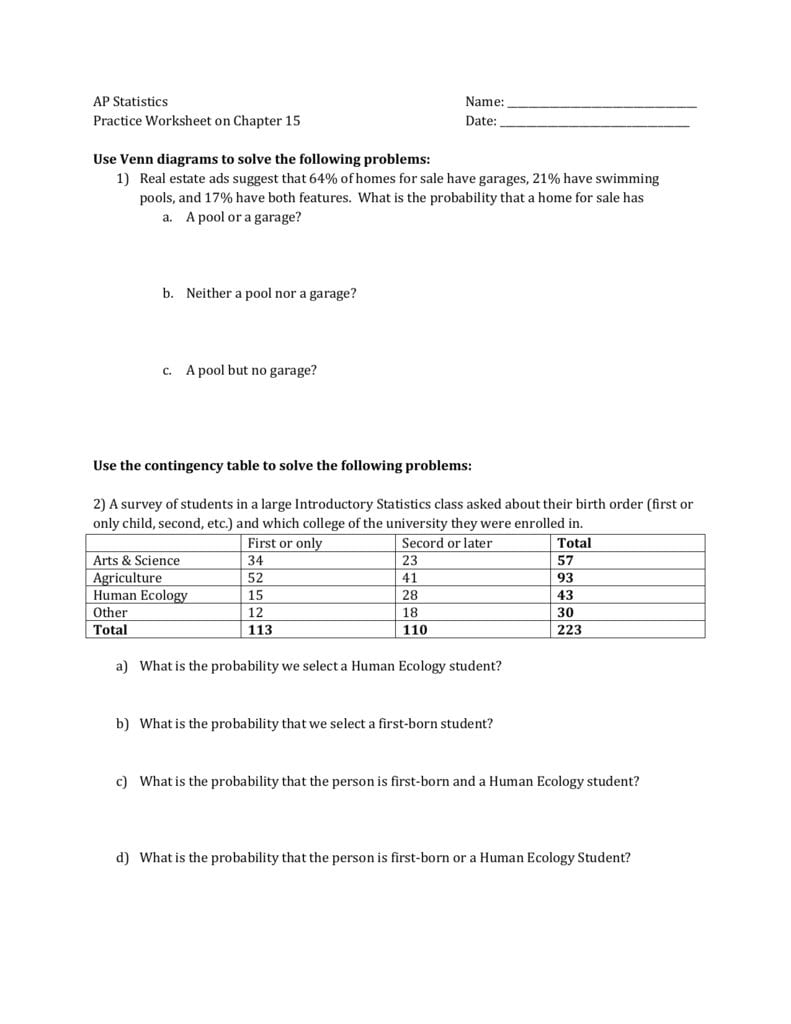 Ap Statistics Name Practice Worksheet On Chapter 15 Date Use